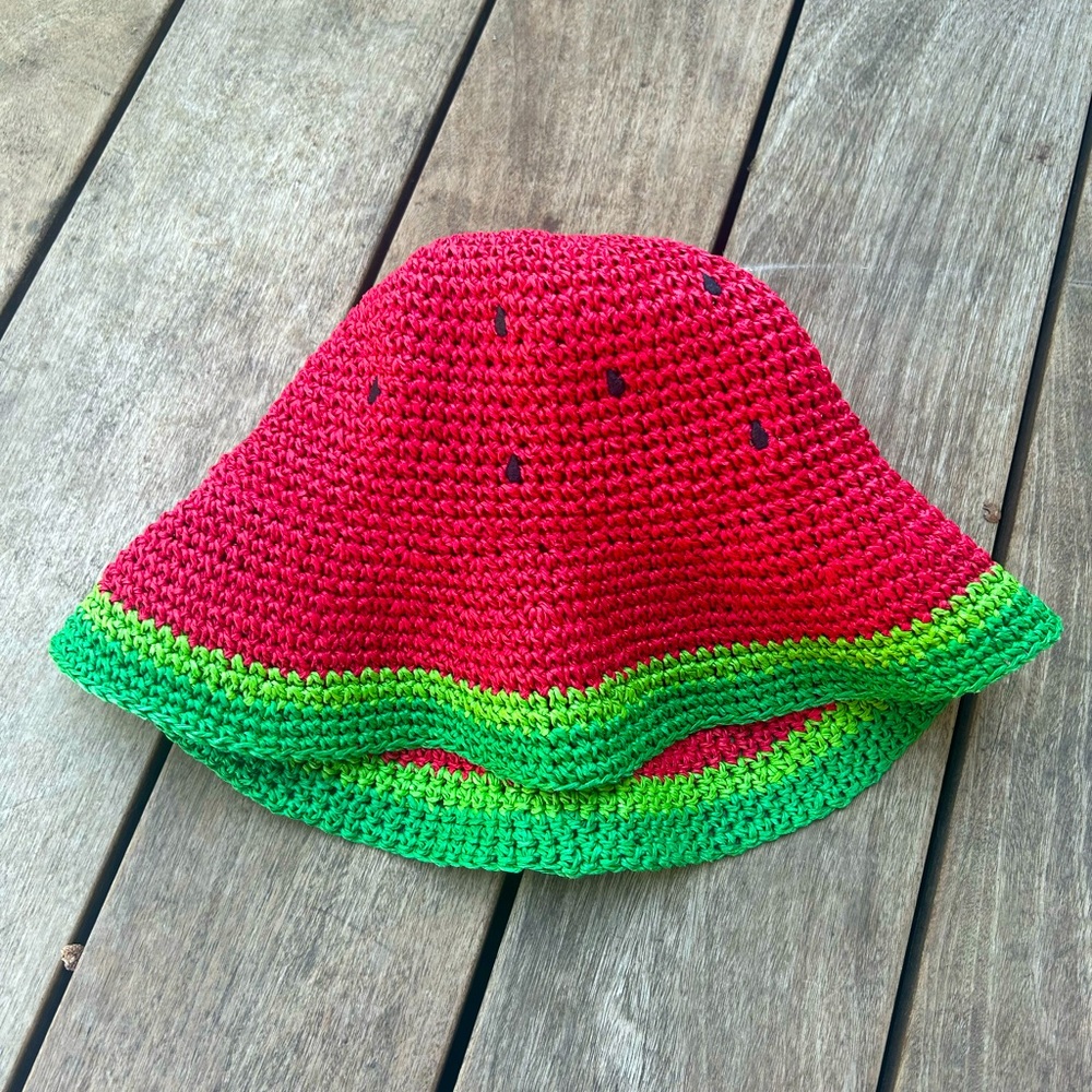 Watermelon Straw Knit Woven Women’s Adult Bucket Hat Beachy Vibes Fruit Cap Lid